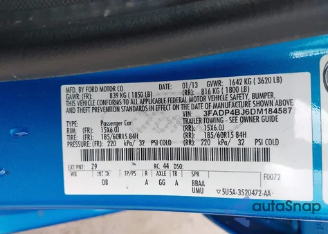 2013 Ford Fiesta Se z USA, uszkodzony, nr VIN 3FADP4BJ6DM184587